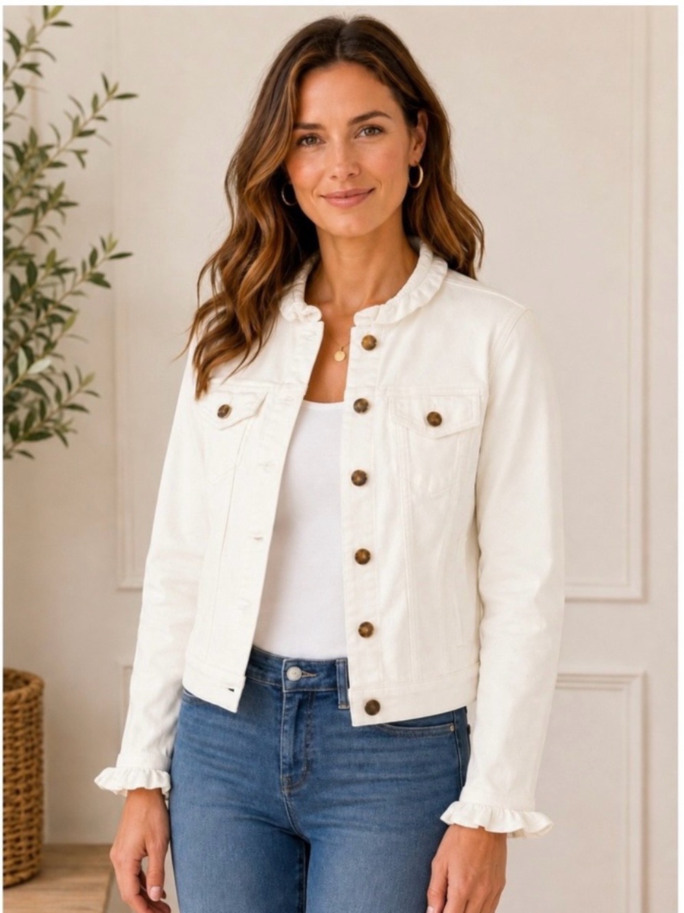 Draper James RSVP Off White Denim Jacket L Ruffle Trim Stretch Jean Jacket